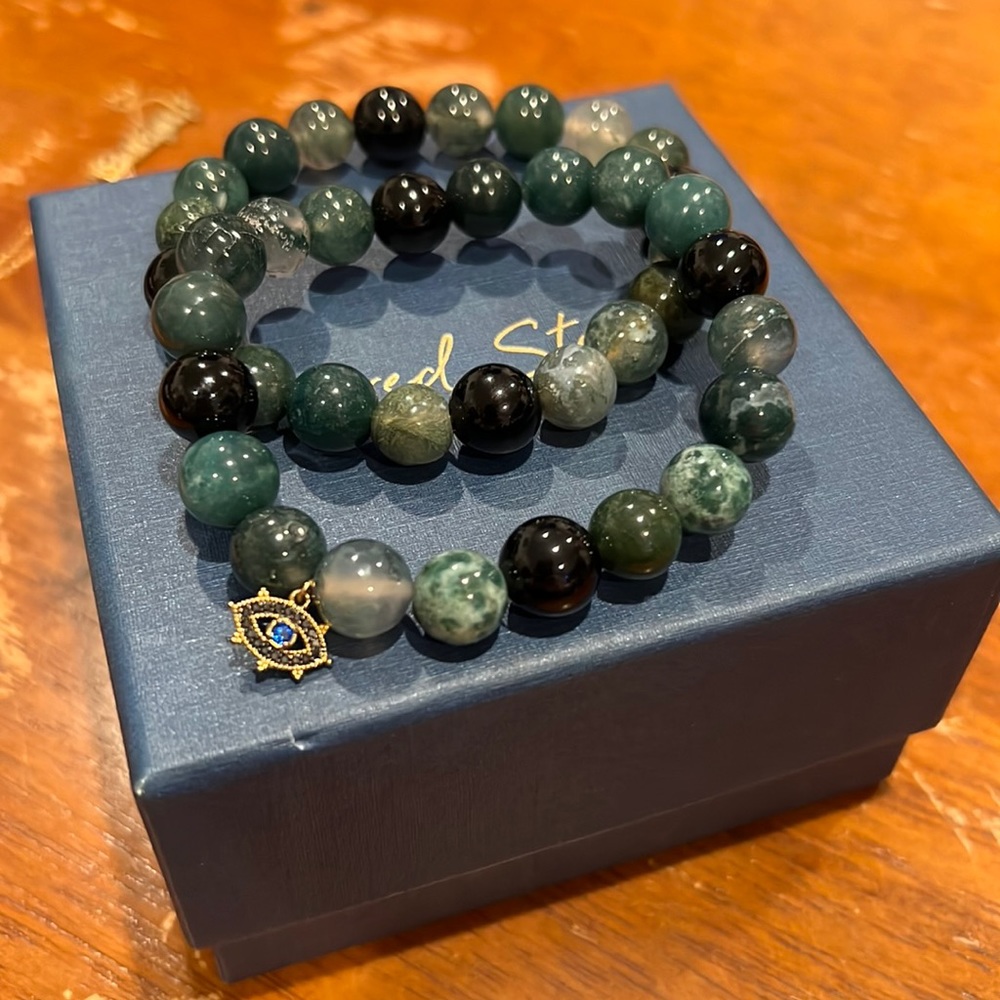 LAST CHANCE! New Stone Green Avertine Ball Bracelets Set of 2 Evil Eye Charm 🧿